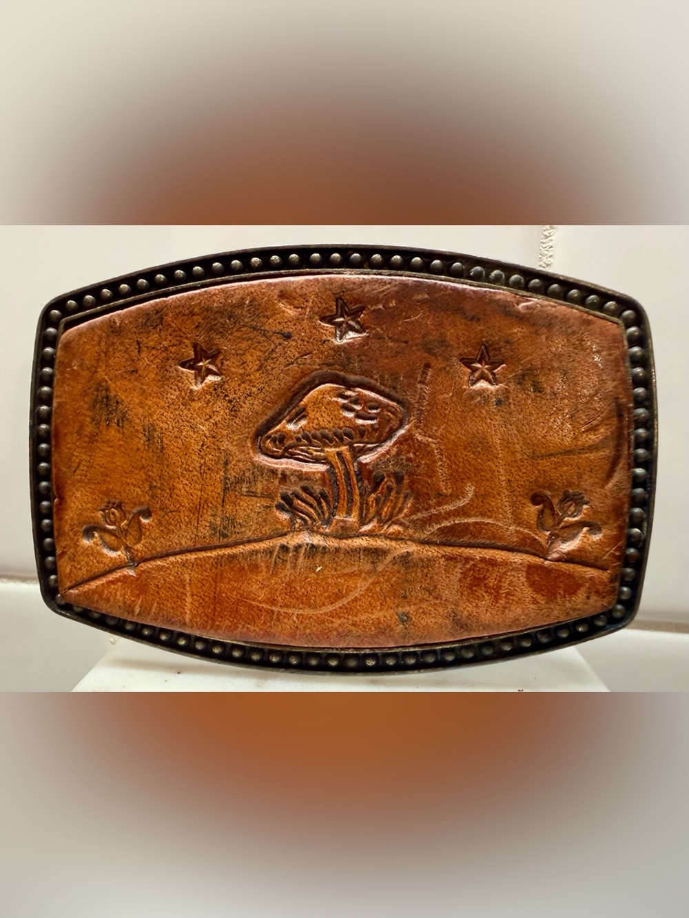 Vintage Alumaline 4108 | Embossed Leather Mushroom & Stars Belt Buckle | 1970s